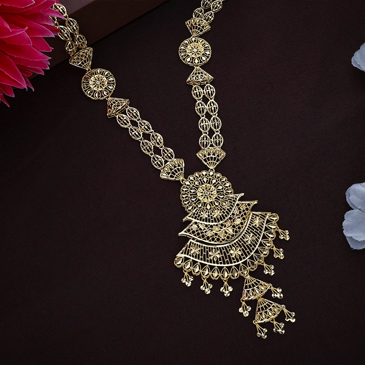 22K Circle Floral Gold Long Necklace –  NKSL6629 S364 - Image 2