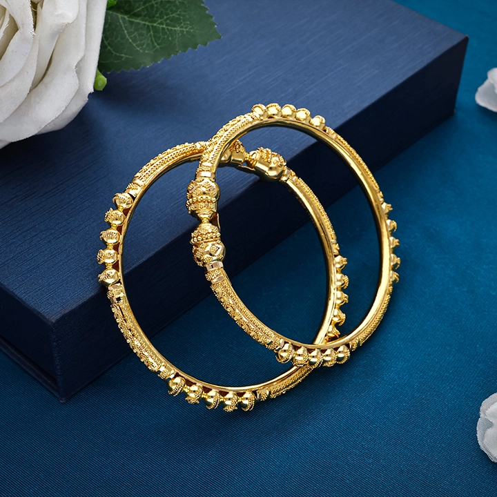 22K Filigree Floral Gold Bangles Pair-BALA1365 S385 - Image 2