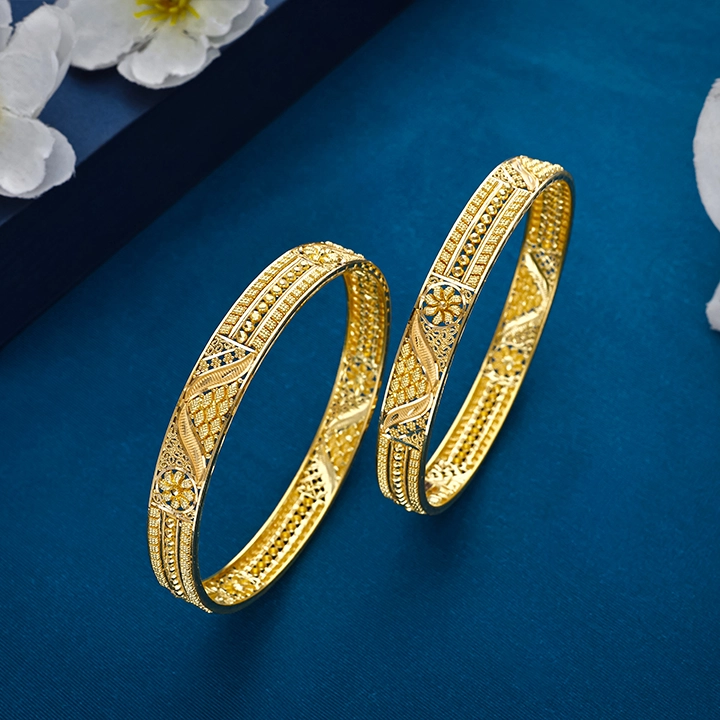22K Wave Filigree Gold Bangles Pair-BNG22636 S385 - Image 2