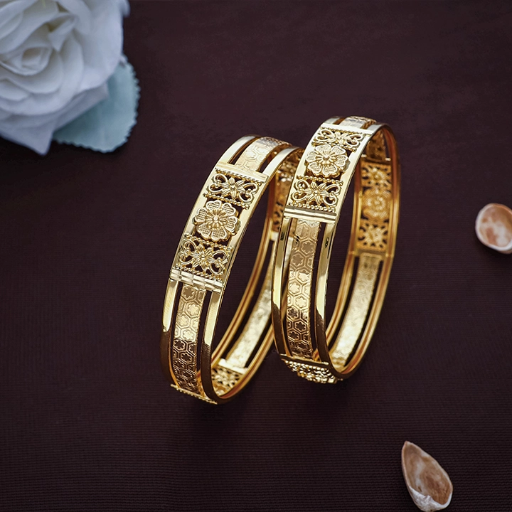 Floral Filigree 22K Gold Bangles Pair - BNG22710 S298 - Image 2