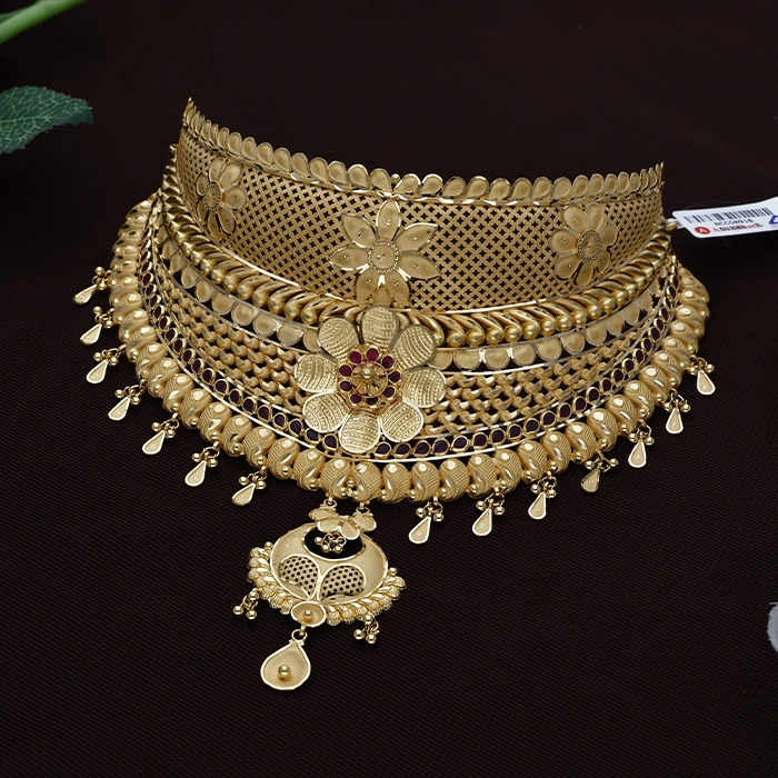 22K Gold Floral Ruby Choker Necklace - NCCS0915SU3369 - Image 2