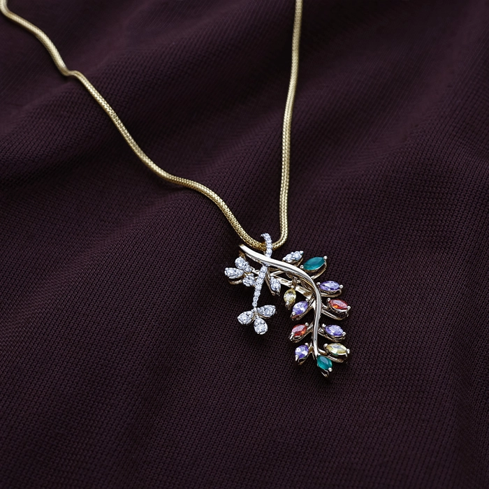 Enchanted Leafy Branch Diamond Pendant with Multi-Gemstone Buds - DPND0750S273 - Image 2
