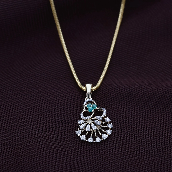 Regal Jali-Work Fan Diamond Pendant with Emerald Accent in 18K Gold - DPND0745S273 - Image 2