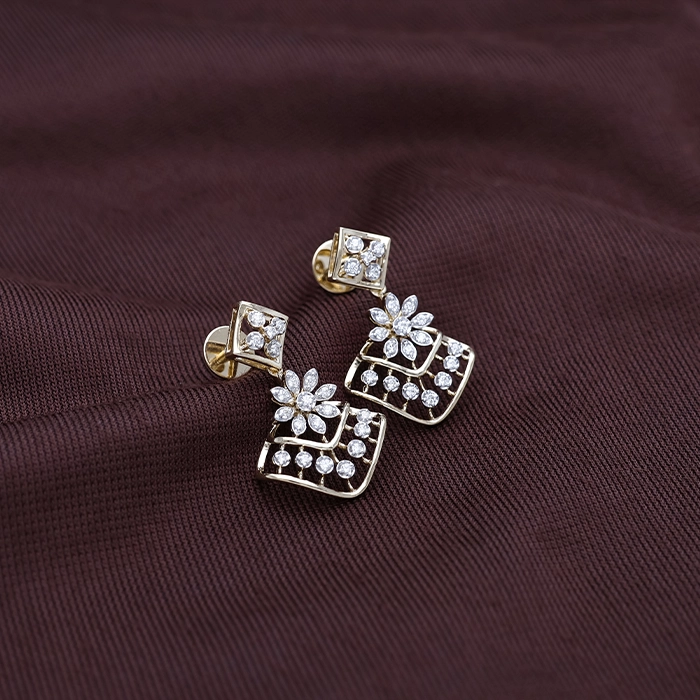 Elegant Floral Geometric Diamond Drop Earrings in 18K Gold - DERR4231SU2E56 - Image 2