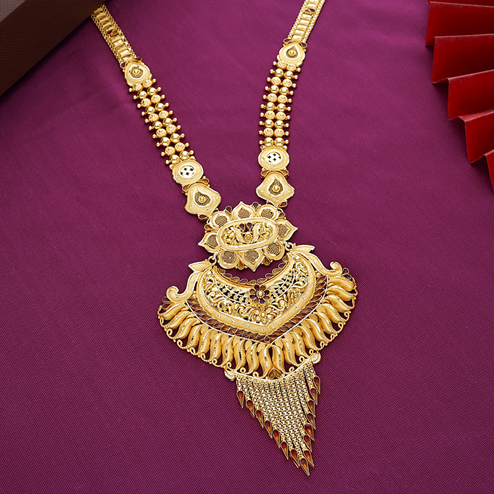 Ornate Floral Jali Rani Haar Gold Necklace with Sculpted Leaf Fringe - 1060010167574S386 - Image 2