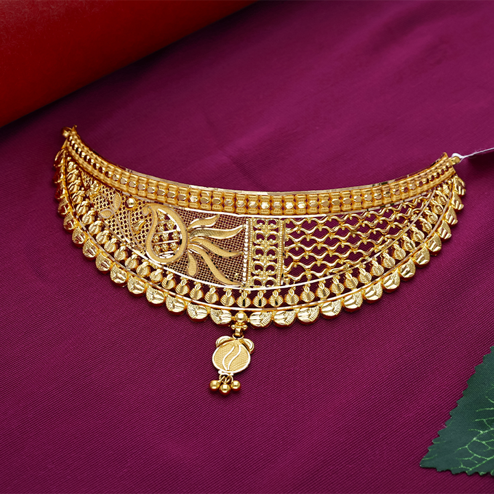 Antique Matte Gold Jali Choker Necklace with Temple-Style Drops - NCCS1005SU2E97 - Image 2