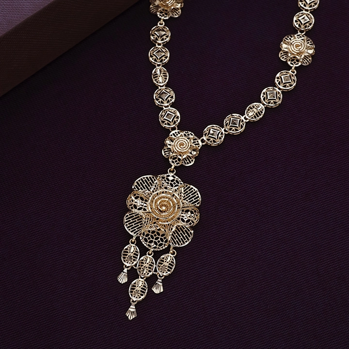 Ornate Floral Filigree Gold Necklace with Tiered Jali Drops - NCKSS31498S382 - Image 2