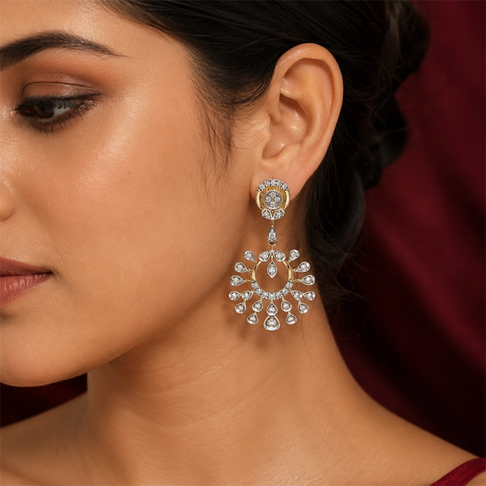 Elegant Circular Chandbali Diamond Drop Earrings in 18K Gold - DERR4130SU2ECA - Image 2