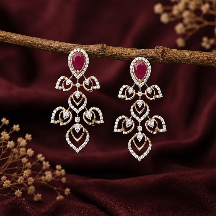Regal Ruby & Chandelier Leaf Diamond Earrings in 18K Gold - DERR4491S419 - Image 3
