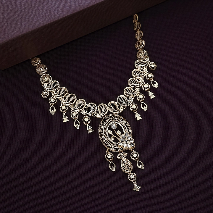 Intricate Paisley Jali Filigree Gold Necklace with Floral Centerpiece - NKCSS31510S382 - Image 2