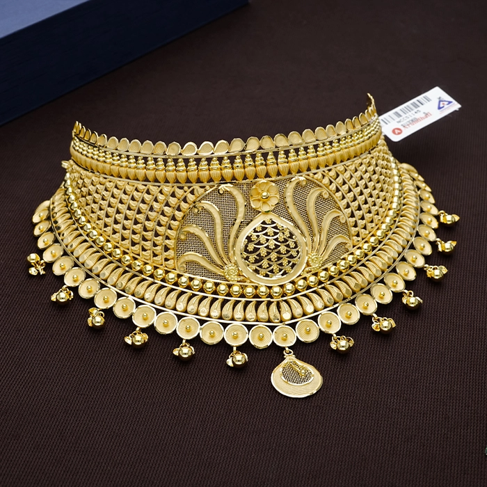 Ornate Peacock Feather Jali Gold Choker Necklace - NCCS1145SU3369