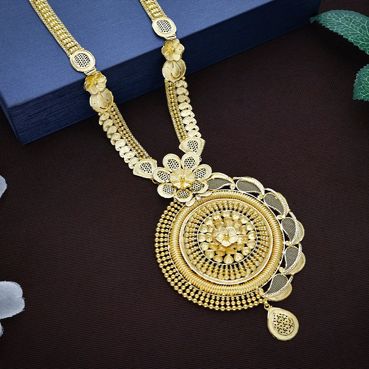 Majestic Floral Filigree Gold Long Necklace with Circular Medallion - NKSL8367SU2EA1