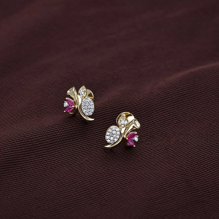 Contemporary Ruby Floral Swirl Diamond Stud Earrings - DERR4477S273 - Image 2