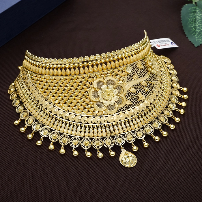 Ornate Floral Filigree Jali Gold Choker Necklace - NCCS1142SU3369