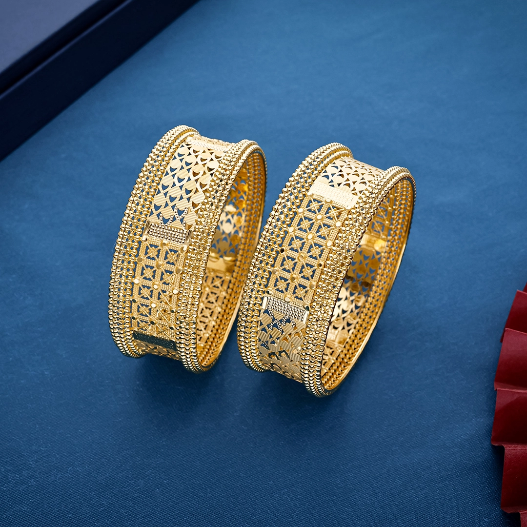 Intricate Geometric Trellis Jali Work Gold Broad Kada Bangles - BNG23127S117