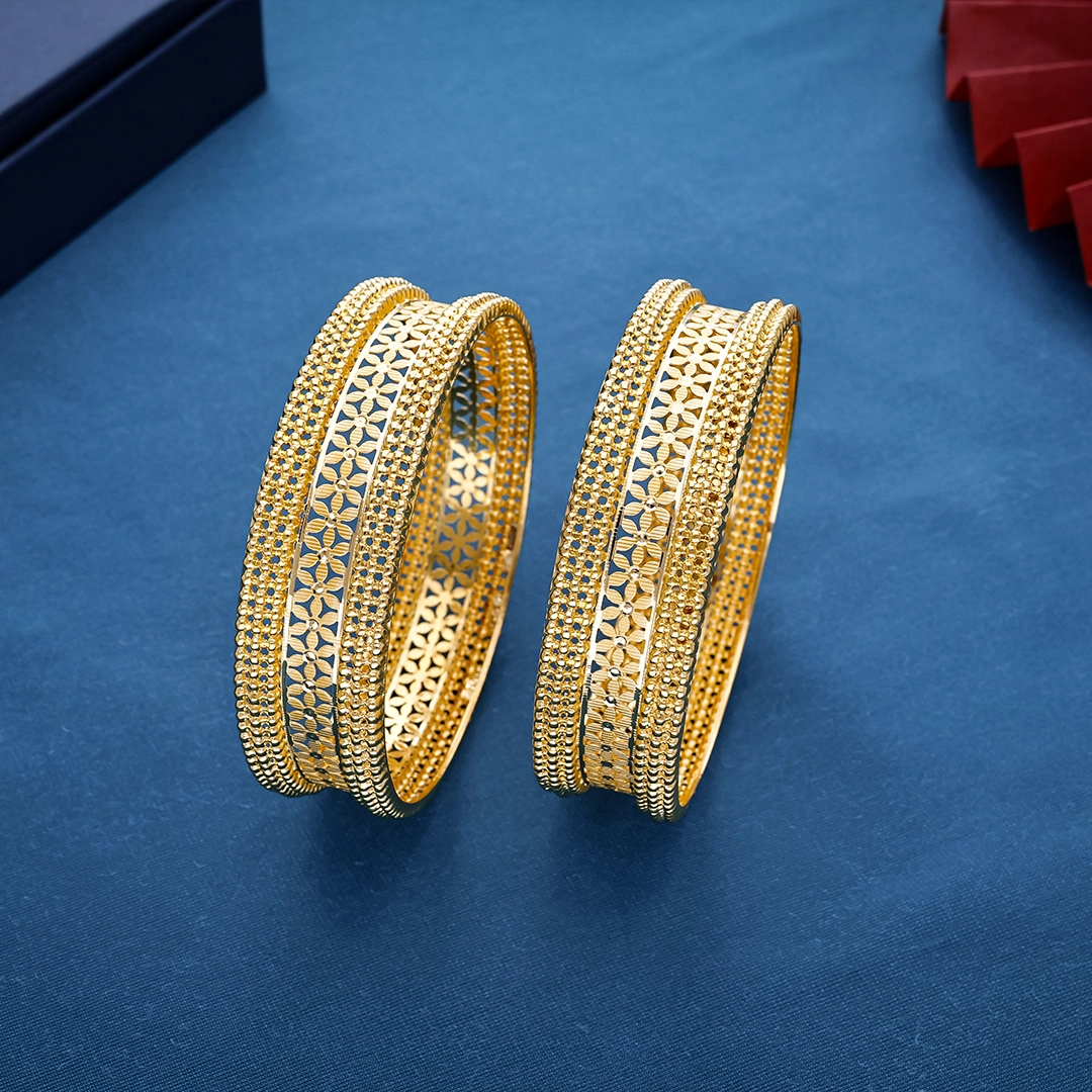 Floral Jali Filigree Work Gold Broad Kada Bangles - BNG23120S117