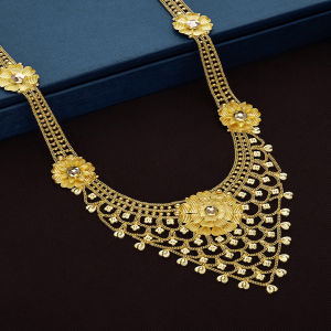 Floral Medallion Mesh Cascade Long Gold Necklace-NKSS3513 SU2E97