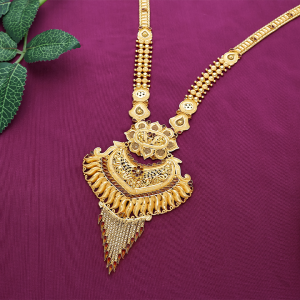 Ornate Floral Jali Rani Haar Gold Necklace with Sculpted Leaf Fringe - 1060010167574S386