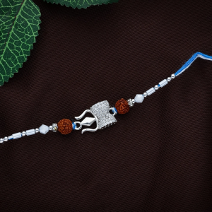 Sacred Silver Trishul & Damru CZ Rakhi with Rudraksha Beads - RKS0114S400