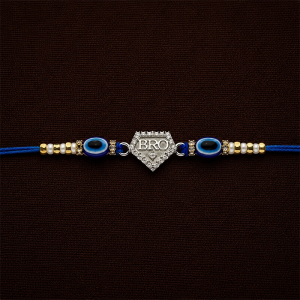 Contemporary "BRO" Shield Silver Rakhi with Evil Eye & CZ Accents - RKS0356SU336C
