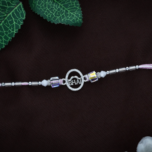 Playful "BHAI" Moustache Motif Silver Rakhi with Crystal Beads - RKS0179S400