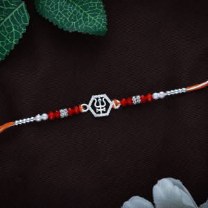 Sacred Silver Trishul Motif Rakhi with Red Crystal & Pearl Accents - RKS0163S400
