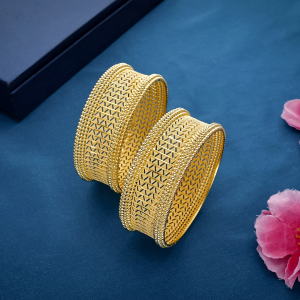 Geometric Chevron Jali Pattern Gold Broad Kada Bangles - BNG23129S117
