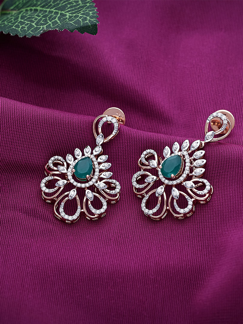 Zivah Collection Emerald & Diamond Blossom Earrings - DERR2003S366NKE00893  C.N:38J436182505