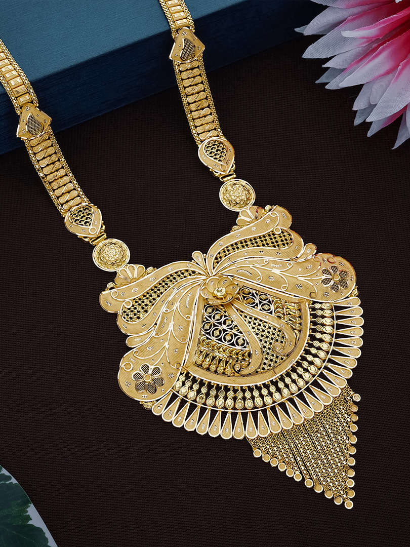 Ribbon Crest Filigree Waterfall Bridal Gold Necklace - NKSS3812 S436